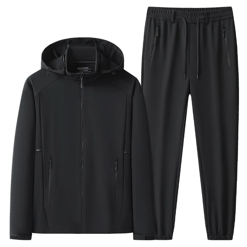Herren Wetterfester Softshell-Trainingsanzug mit Kapuzen‑Zipjacke, Reißverschluss‑Taschen & konischer Jogginghose Drune