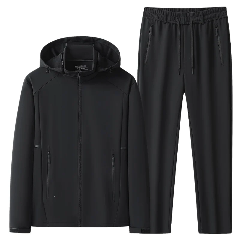 Herren Wetterfester Softshell-Trainingsanzug mit Kapuzen‑Zipjacke, Reißverschluss‑Taschen & konischer Jogginghose Drune