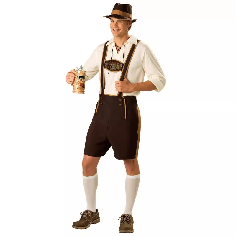 Herren nan kurze Trachtenlederhose mit verstellbaren Hosenträgern und besticktem Latz Drune