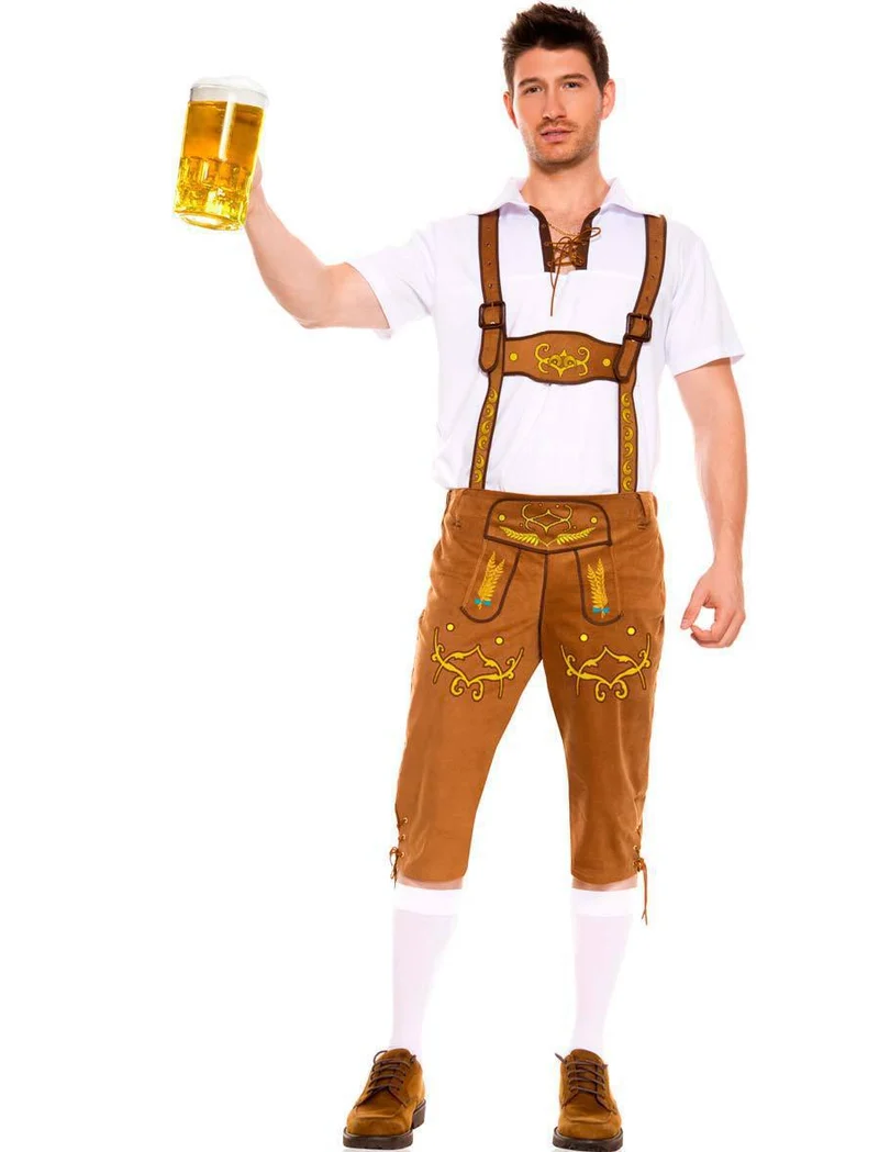 Herren nan kurze Trachtenlederhose mit verstellbaren Hosenträgern und besticktem Latz Drune