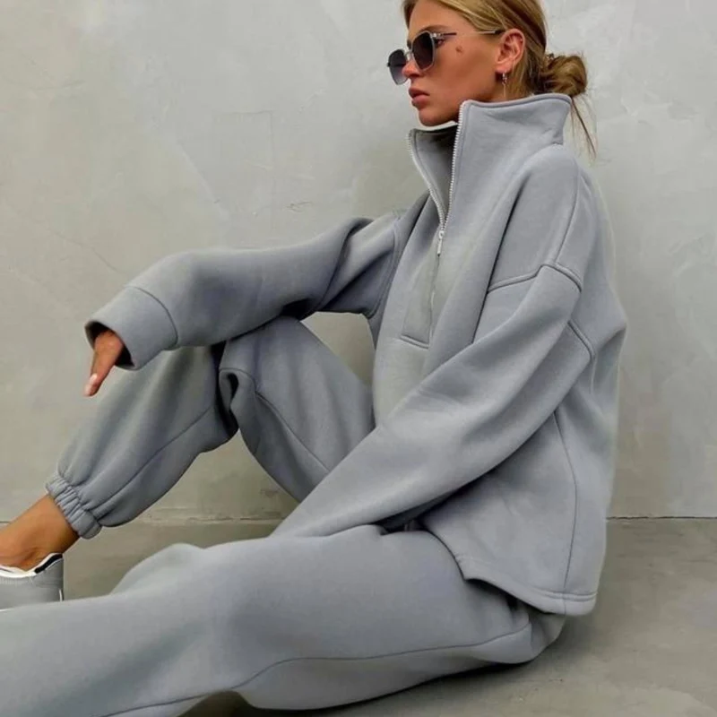 Damen Oversize-Halbzip-Lounge-Set aus schwerem French-Terry mit hohem Stehkragen Drune