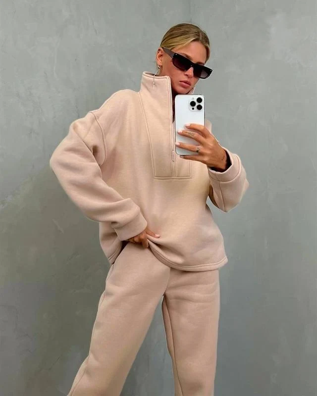 Damen Oversize-Halbzip-Lounge-Set aus schwerem French-Terry mit hohem Stehkragen Drune