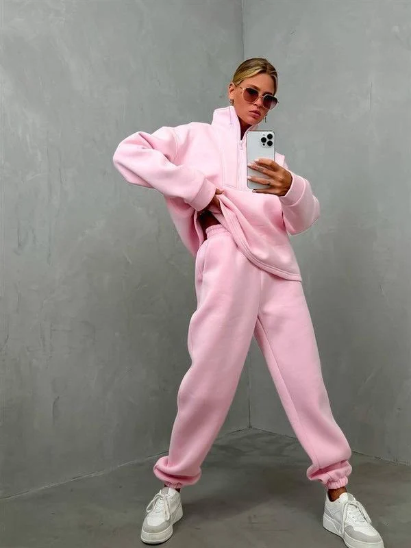 Damen Oversize-Halbzip-Lounge-Set aus schwerem French-Terry mit hohem Stehkragen Drune