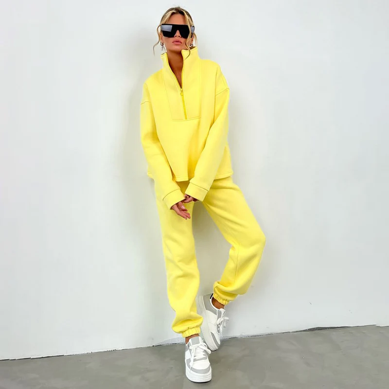 Damen Oversize-Halbzip-Lounge-Set aus schwerem French-Terry mit hohem Stehkragen Drune