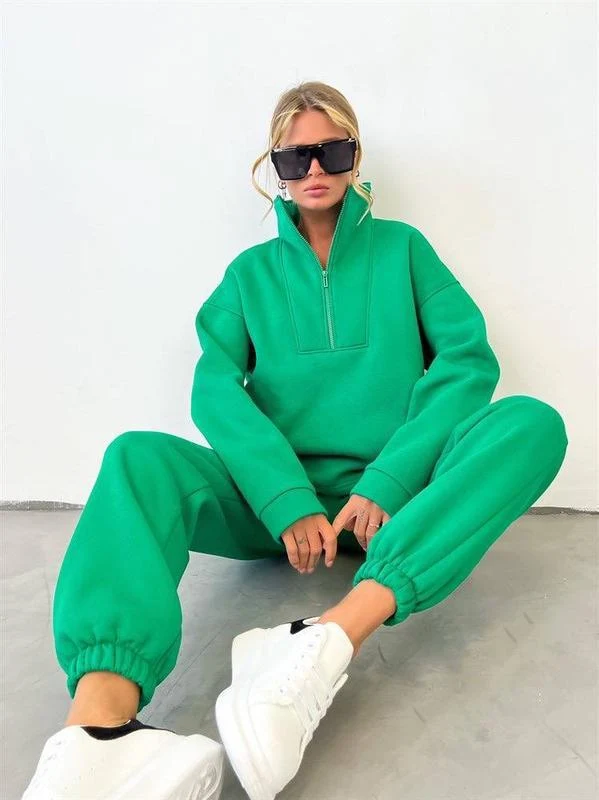 Damen Oversize-Halbzip-Lounge-Set aus schwerem French-Terry mit hohem Stehkragen Drune