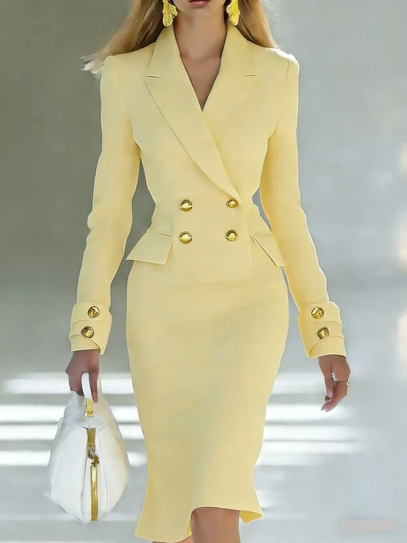 Damen Zweiteiliger taillierter Doppelreihiger Blazer mit Bleistiftrock Drune