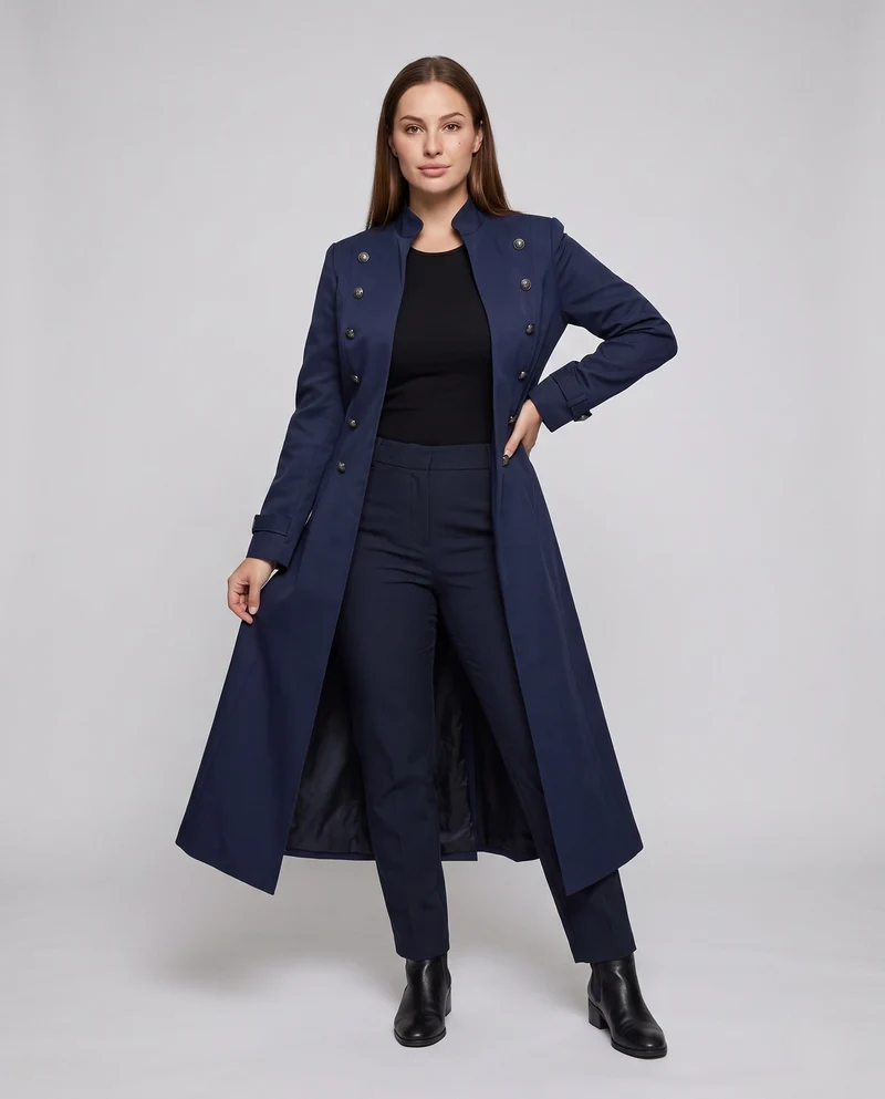 Damen eleganter Frackmantel mit dekorativen Knöpfen und hohem Kragen Drune