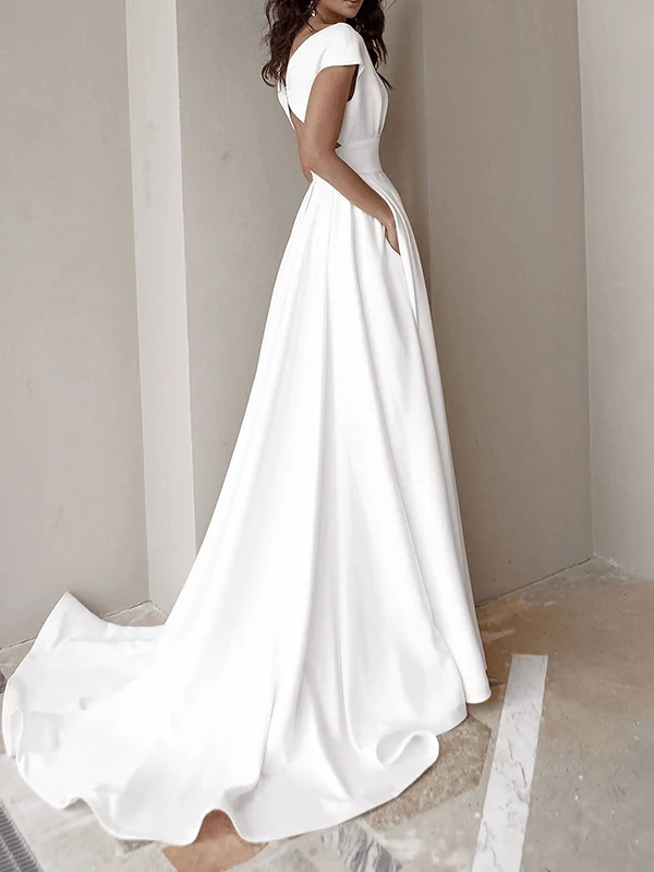 langes Kleid mit V-Ausschnitt und seitlichem Schlitz, fließend, rückenfrei, kurze Ärmel, für Damen, eleganter Abend, Promo für die Hochzeit