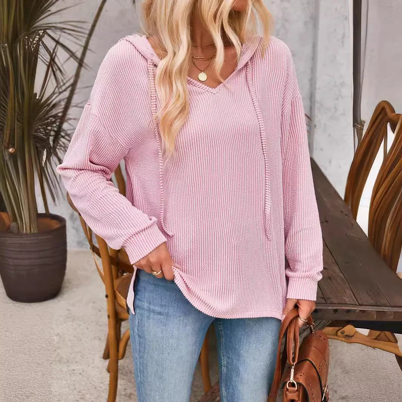 Damen lässiger Sweater mit V-Ausschnitt und Kordelzug Drune