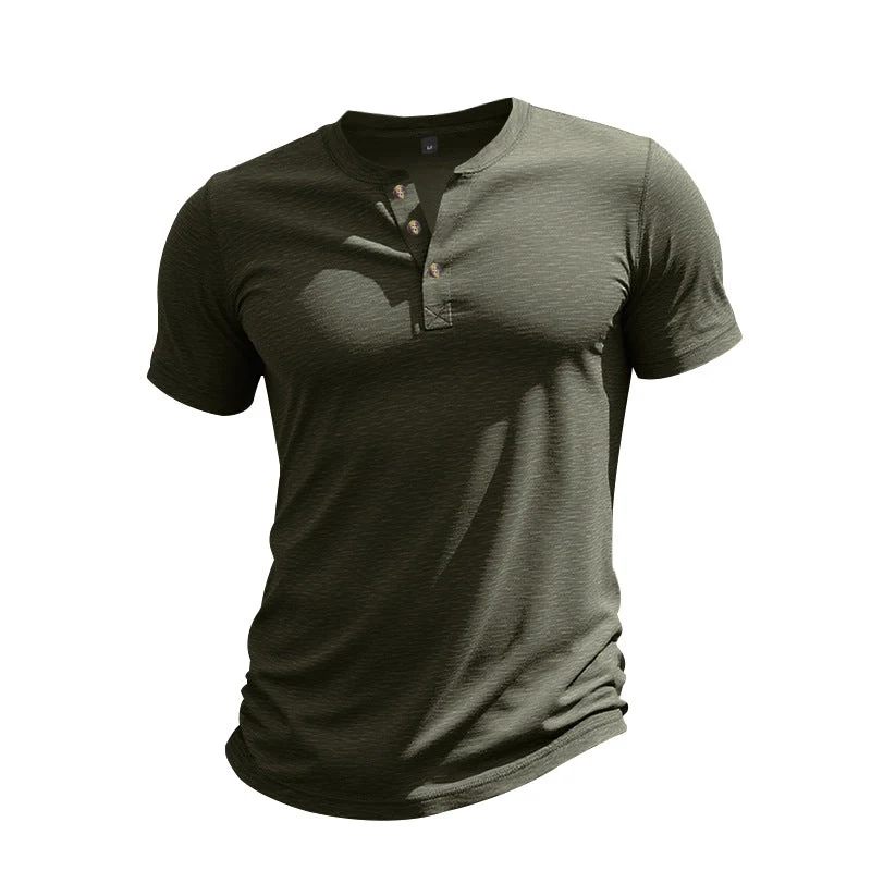Herren Kurzarm-Henley-T-Shirt aus weicher Baumwolle mit dekorativer Knopfleiste Drune