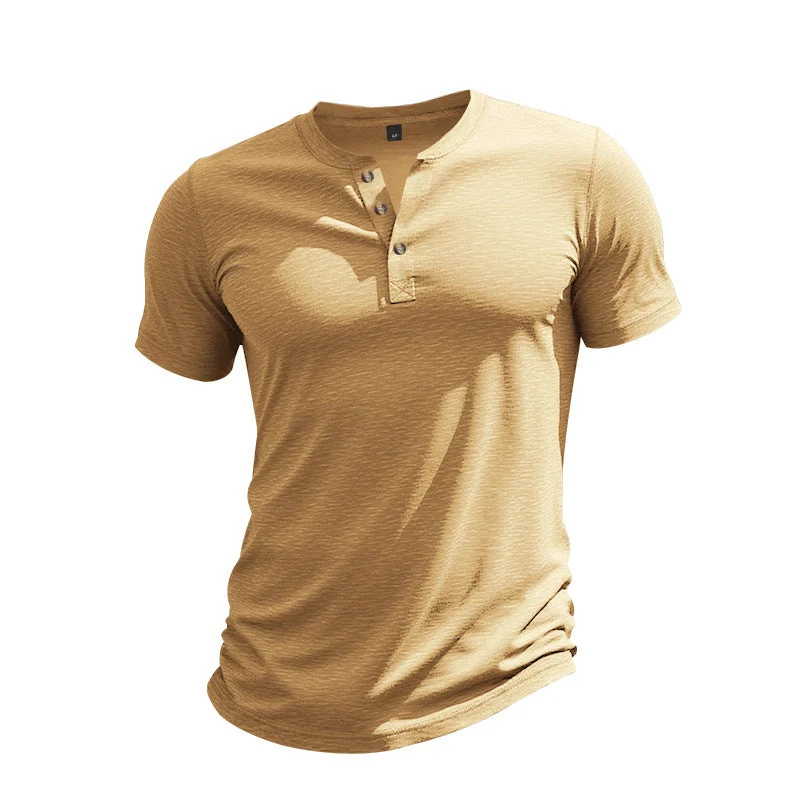 Herren Kurzarm-Henley-T-Shirt aus weicher Baumwolle mit dekorativer Knopfleiste Drune