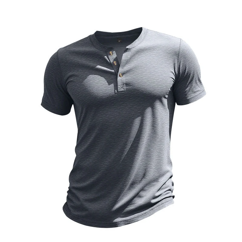 Herren Kurzarm-Henley-T-Shirt aus weicher Baumwolle mit dekorativer Knopfleiste Drune