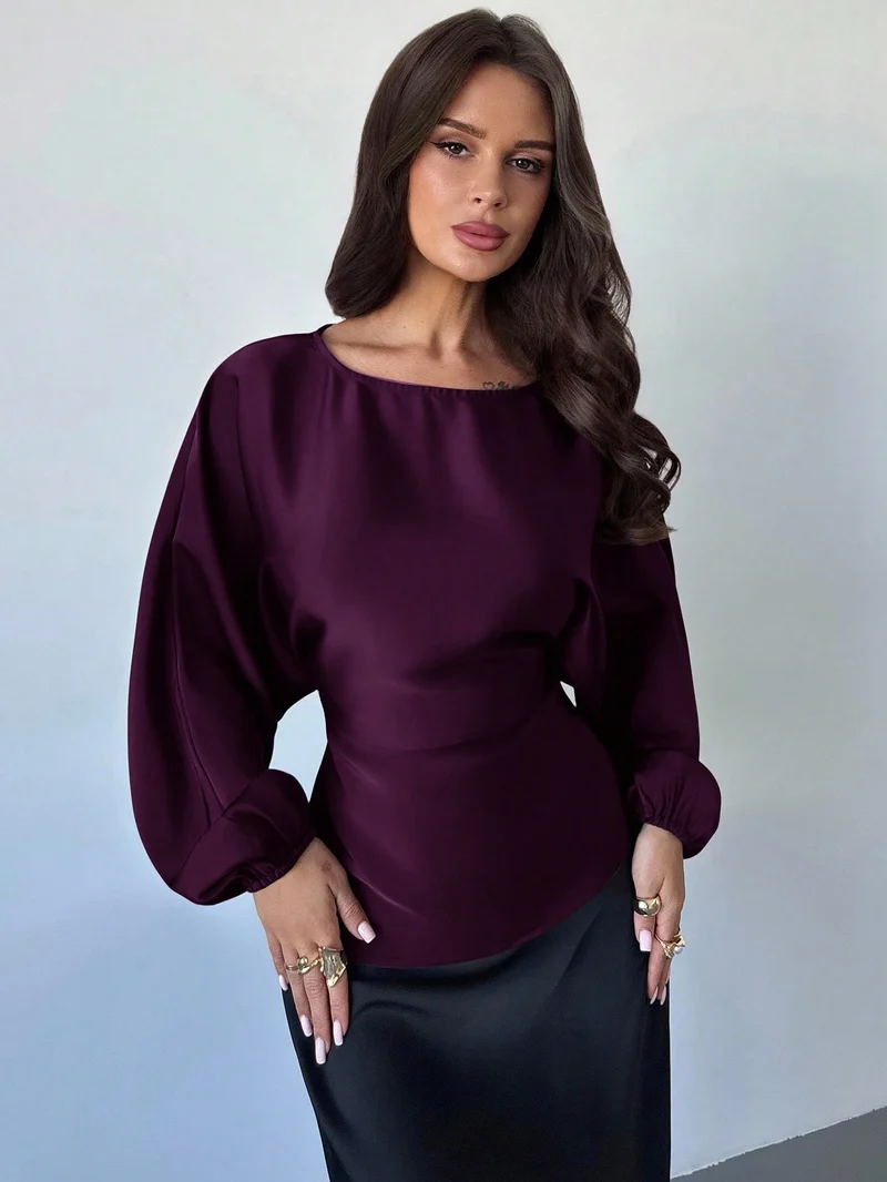 Damen Polka-Dot Satinbluse mit Ballonärmeln und weitem Rundhalsausschnitt Drune