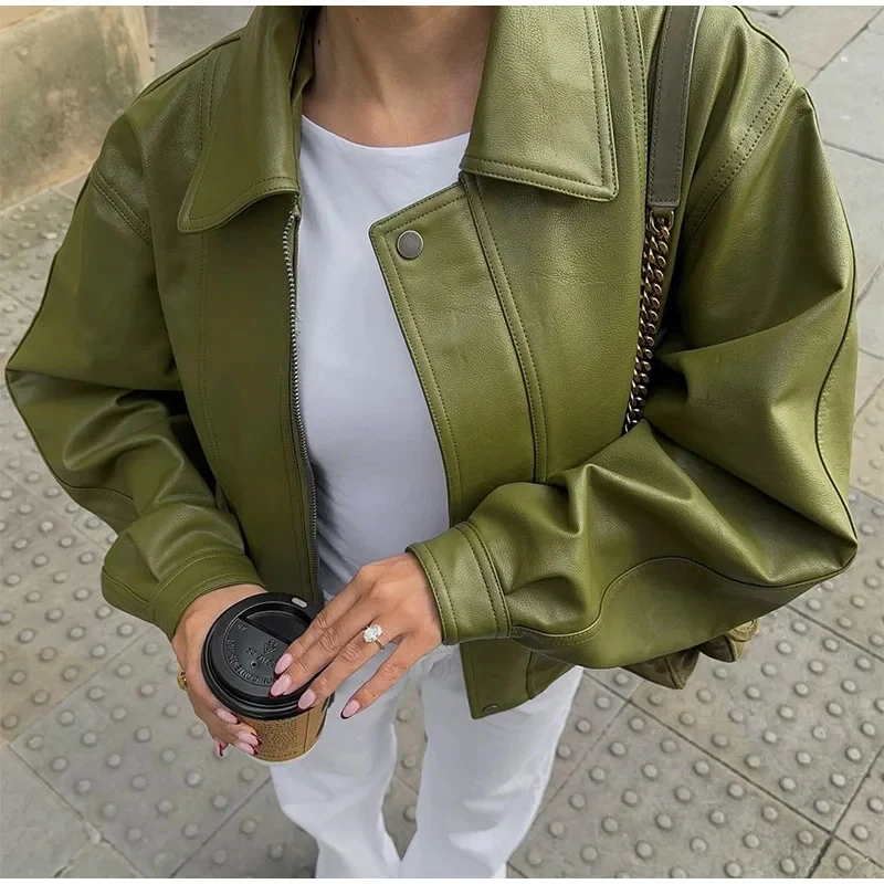 Damen modische oversized Lederjacke mit steigendem Kragen Drune