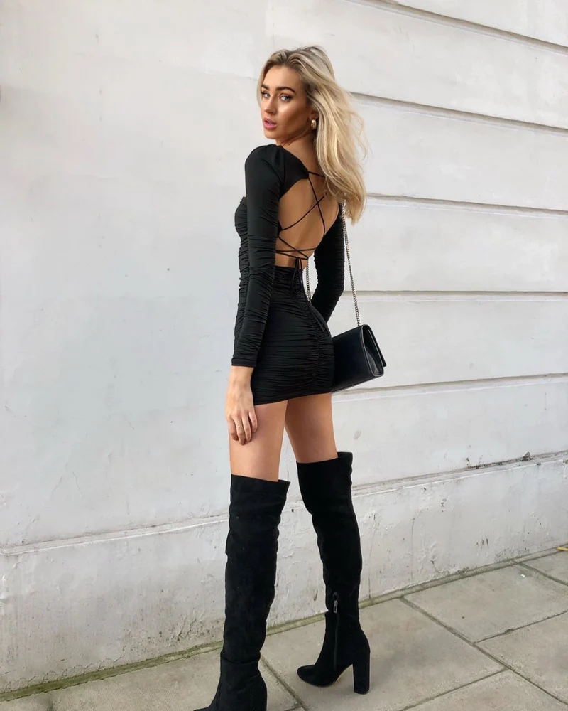 Damen Figurbetontes Langarmkleid mit quadratischem Ausschnitt Drune