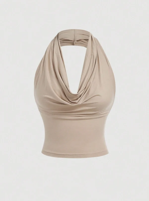 Damen Neckholder-Cropped-Top mit Wasserfall-Ausschnitt und taillierter Passform Drune