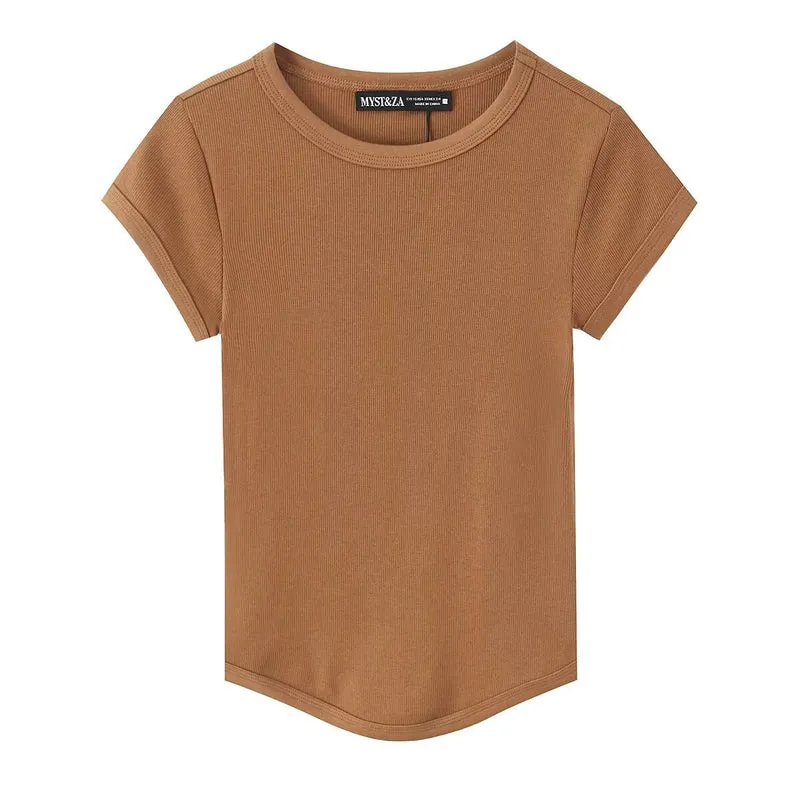 Damen hochwertiges, figurbetontes Basic-T-Shirt mit feiner Rippstruktur Drune