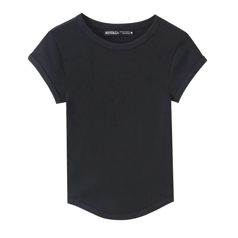 Damen hochwertiges, figurbetontes Basic-T-Shirt mit feiner Rippstruktur Drune
