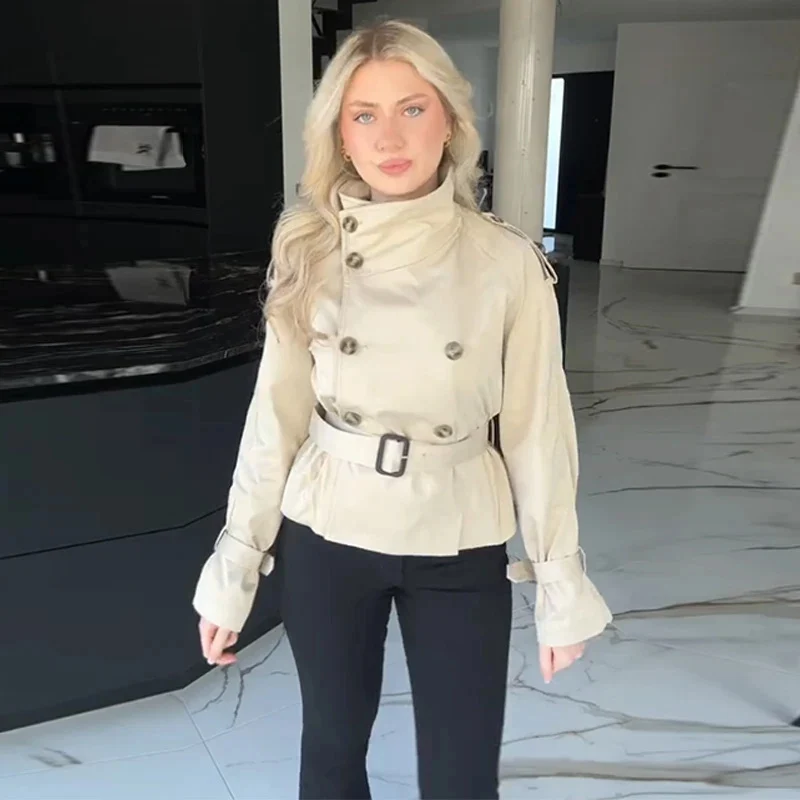 Damen Eleganter Kurz-Trenchcoat mit doppelter Knopfleiste und Taillengürtel Drune