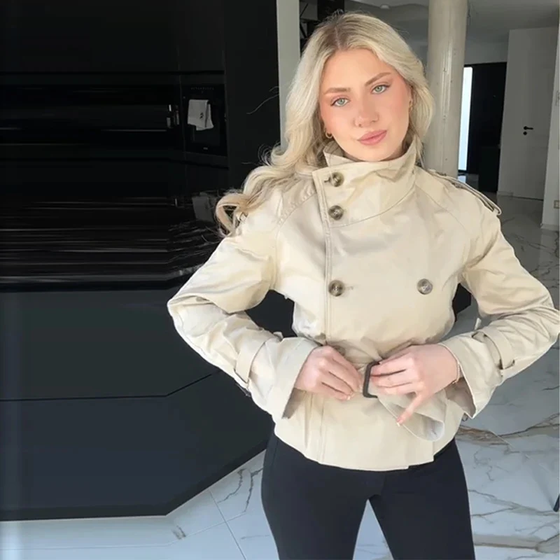Damen Eleganter Kurz-Trenchcoat mit doppelter Knopfleiste und Taillengürtel Drune