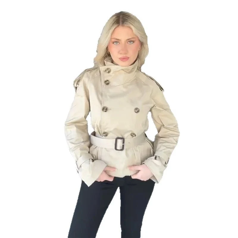 Damen Eleganter Kurz-Trenchcoat mit doppelter Knopfleiste und Taillengürtel Drune