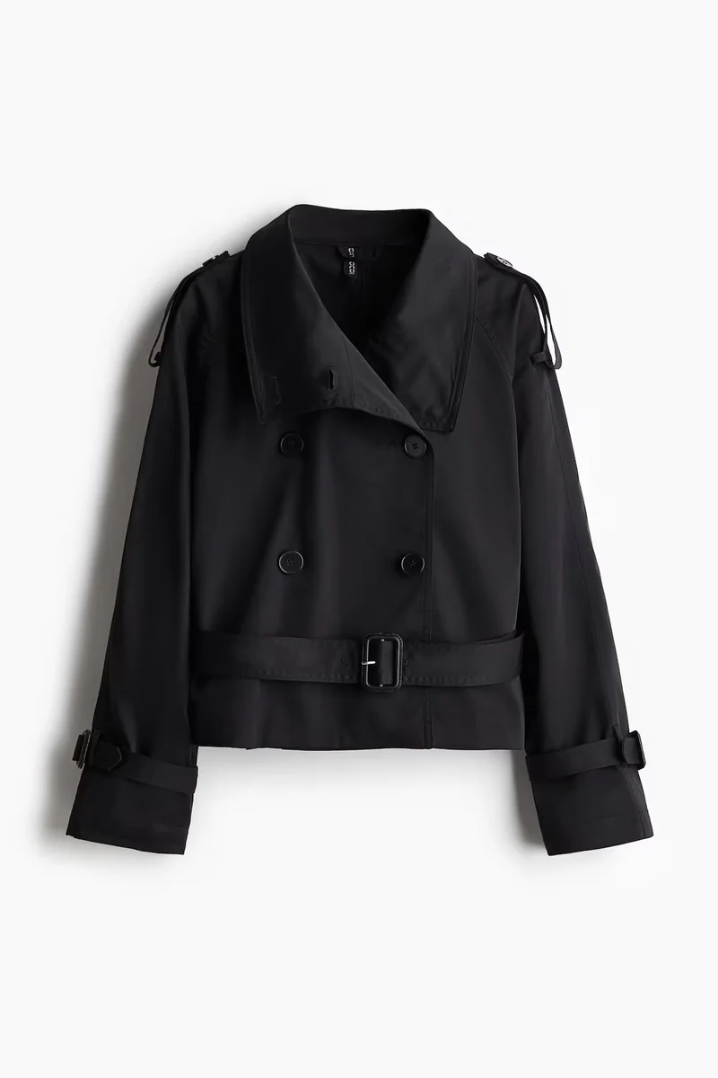 Damen Eleganter Kurz-Trenchcoat mit doppelter Knopfleiste und Taillengürtel Drune