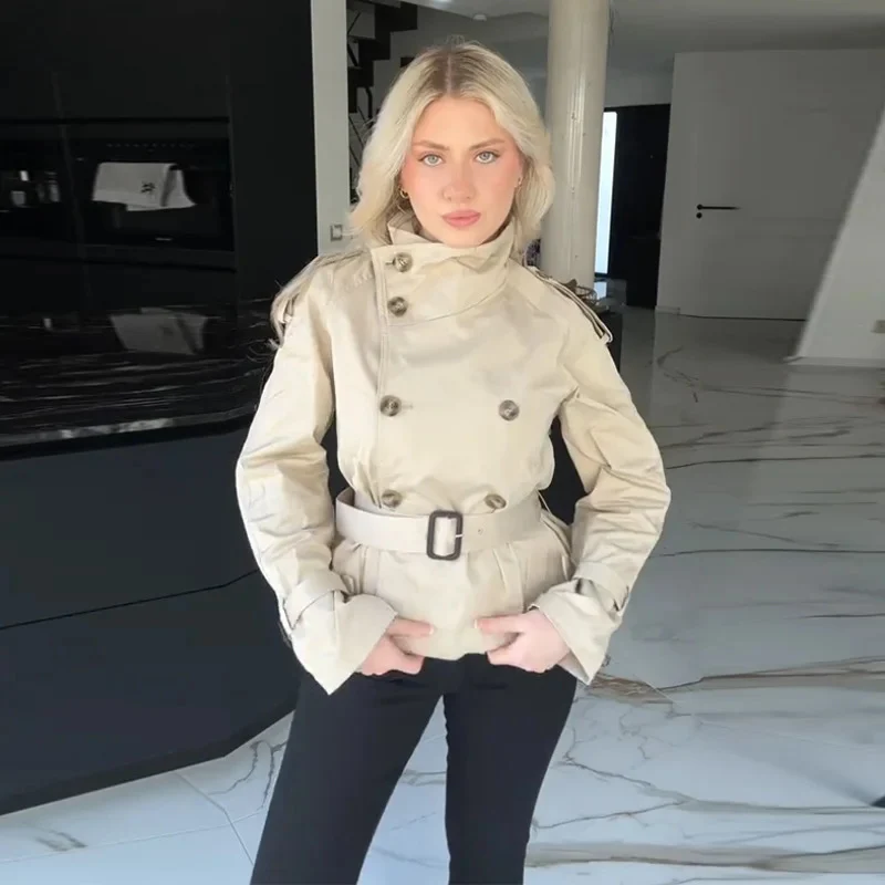Damen Eleganter Kurz-Trenchcoat mit doppelter Knopfleiste und Taillengürtel Drune