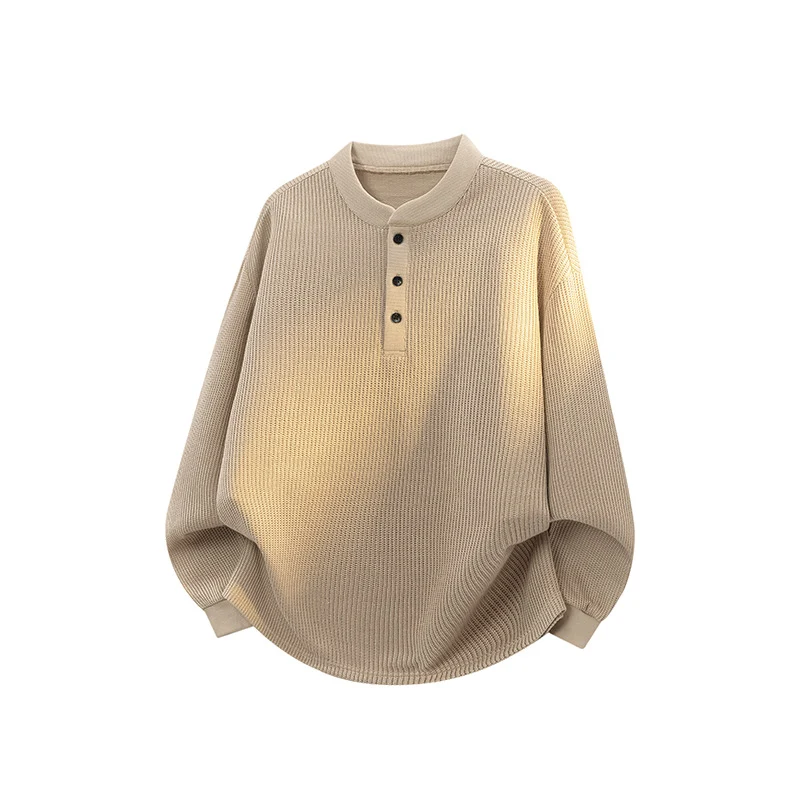 Unisex Weitgeschnittener Waffelstrick-Henleypullover mit Stehkragen Drune