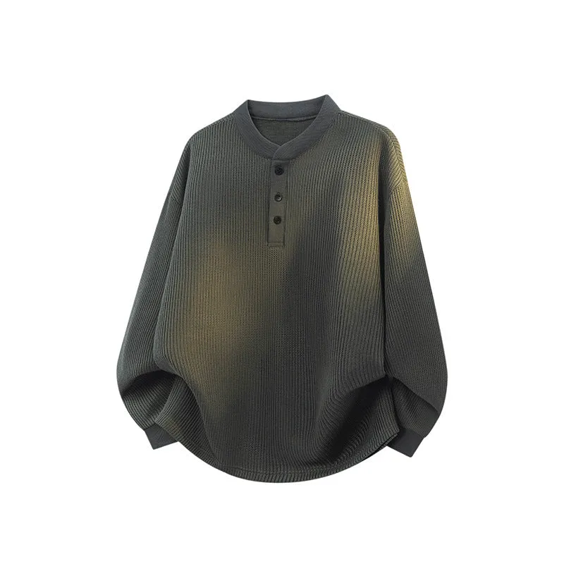 Unisex Weitgeschnittener Waffelstrick-Henleypullover mit Stehkragen Drune