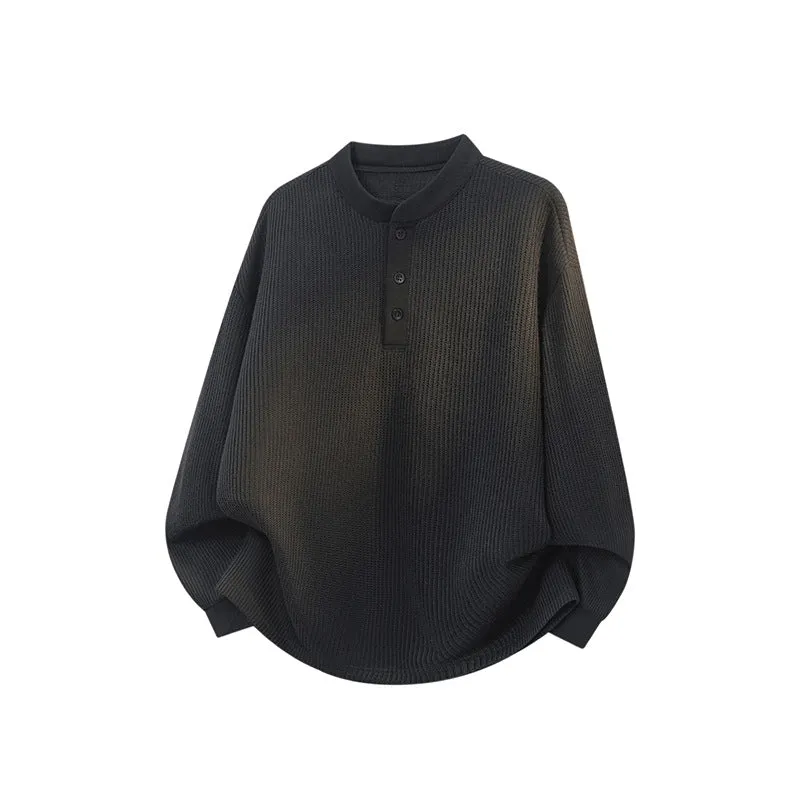 Unisex Weitgeschnittener Waffelstrick-Henleypullover mit Stehkragen Drune