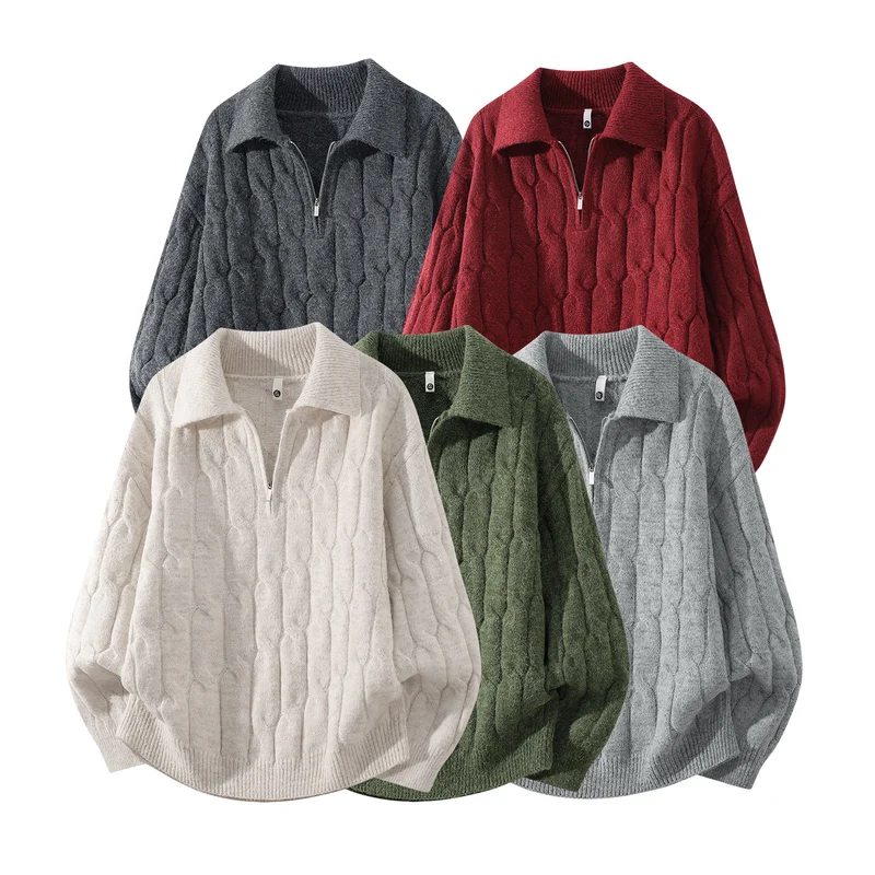 Unisex Oversize Zopfstrickpullover mit Halbreißverschluss und Hemdkragen Drune