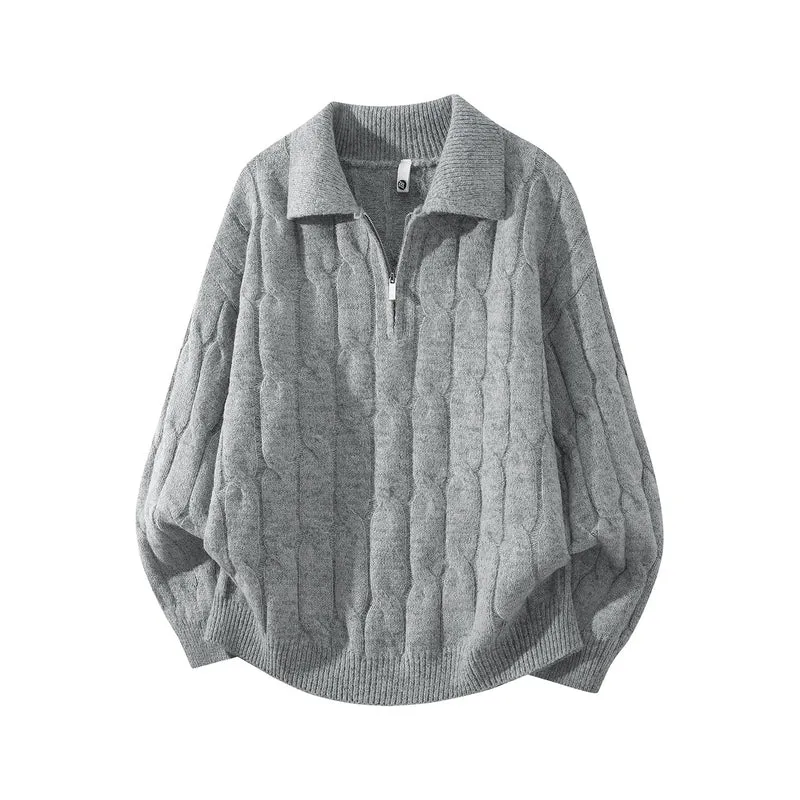 Unisex Oversize Zopfstrickpullover mit Halbreißverschluss und Hemdkragen Drune