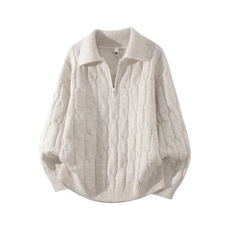 Unisex Oversize Zopfstrickpullover mit Halbreißverschluss und Hemdkragen Drune
