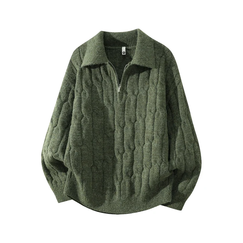 Unisex Oversize Zopfstrickpullover mit Halbreißverschluss und Hemdkragen Drune