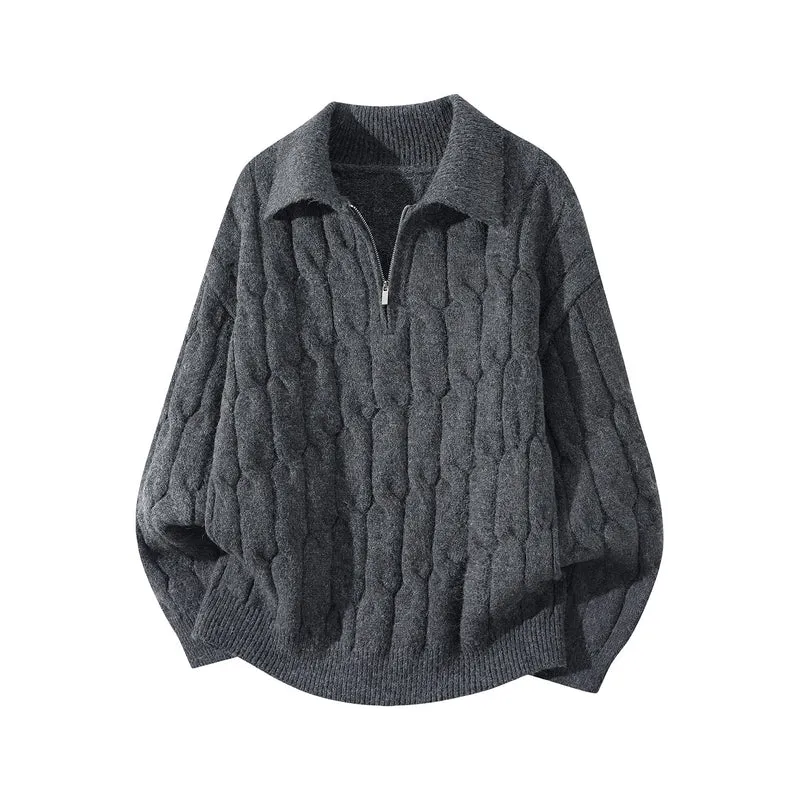 Unisex Oversize Zopfstrickpullover mit Halbreißverschluss und Hemdkragen Drune
