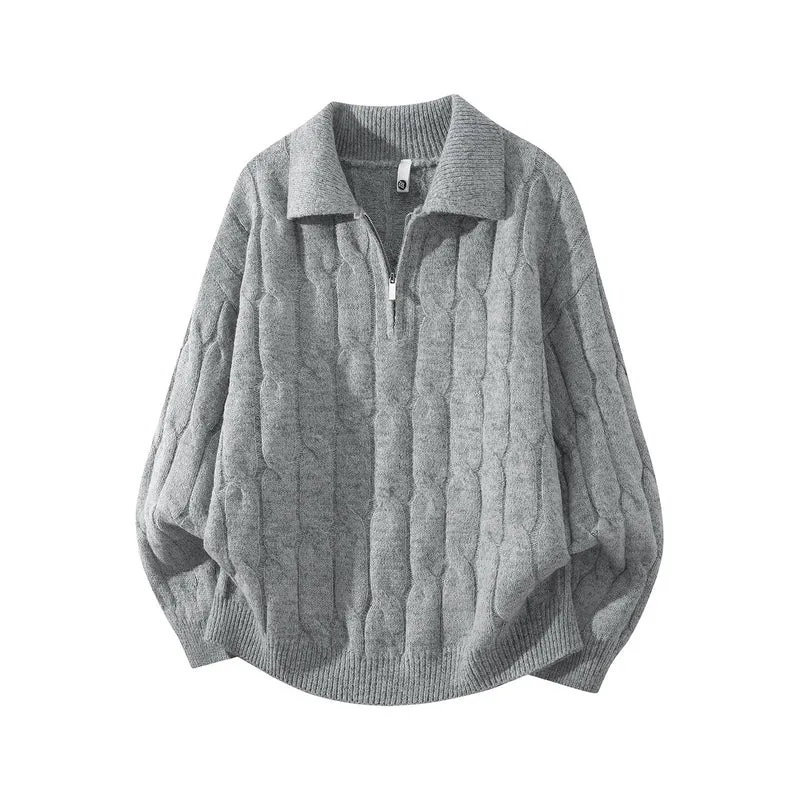 Unisex Oversize Zopfstrickpullover mit Halbreißverschluss und Hemdkragen Drune