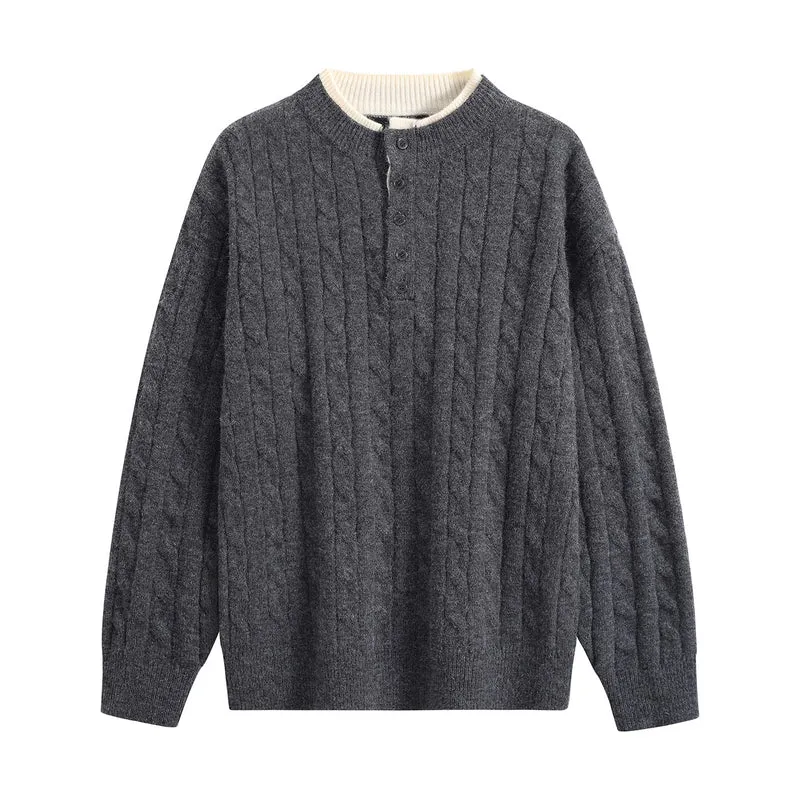 Unisex Oversize Zopfstrick-Henley-Pullover mit Knopfleiste und geripptem Saum Drune