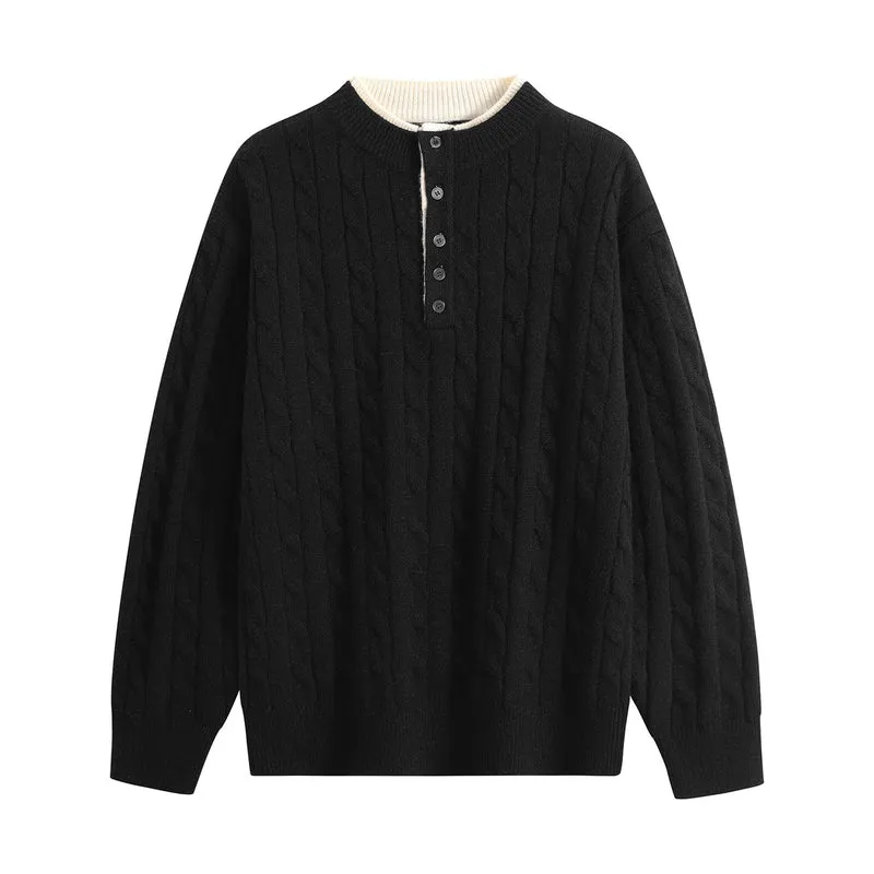 Unisex Oversize Zopfstrick-Henley-Pullover mit Knopfleiste und geripptem Saum Drune