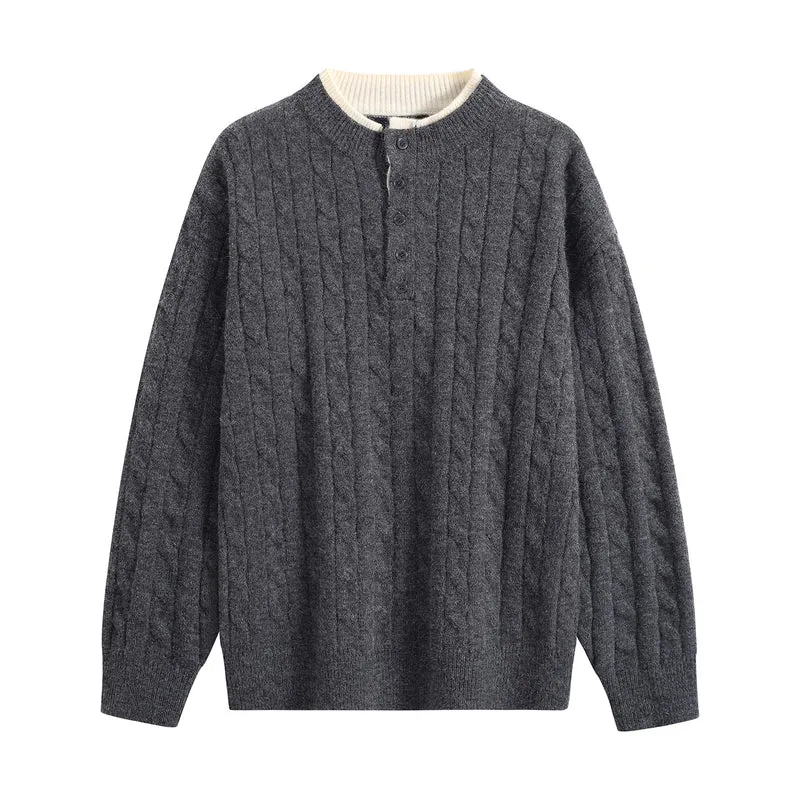 Unisex Oversize Zopfstrick-Henley-Pullover mit Knopfleiste und geripptem Saum Drune