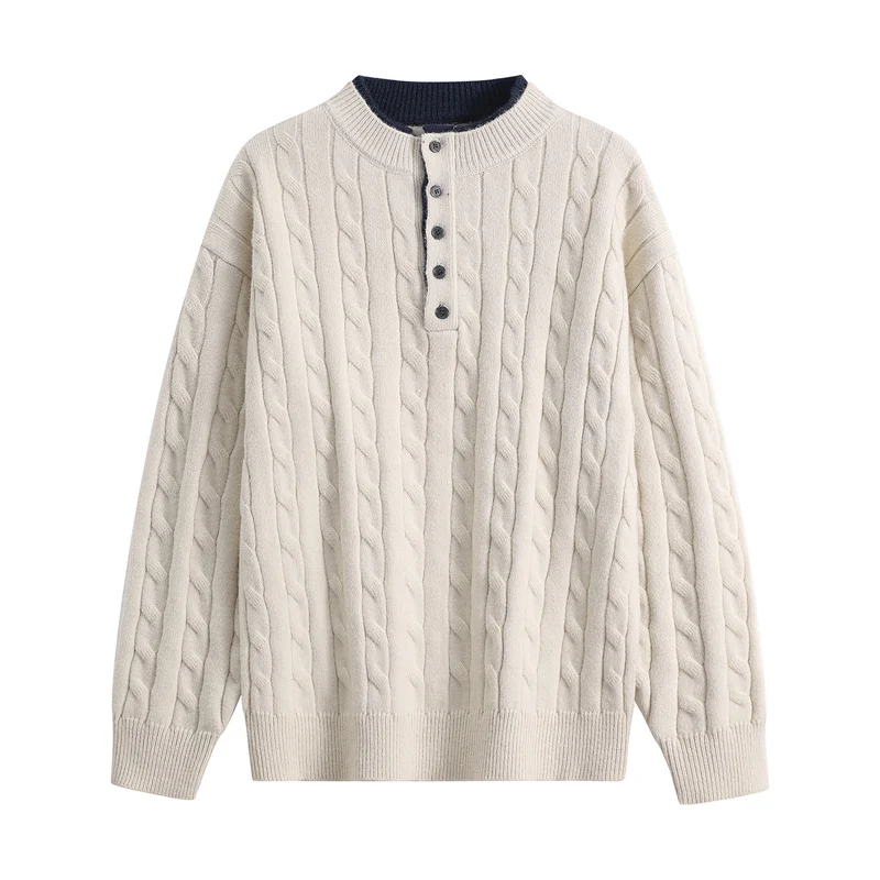 Unisex Oversize Zopfstrick-Henley-Pullover mit Knopfleiste und geripptem Saum Drune