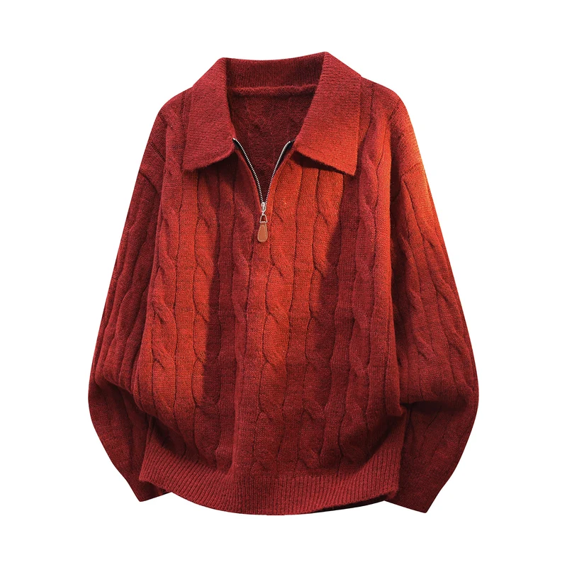 Unisex Oversize-Zopfmuster-Pullover mit Halbreißverschluss und Hemdkragen Drune