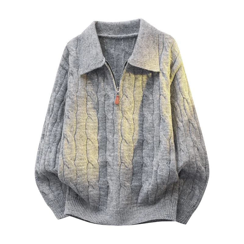Unisex Oversize-Zopfmuster-Pullover mit Halbreißverschluss und Hemdkragen Drune