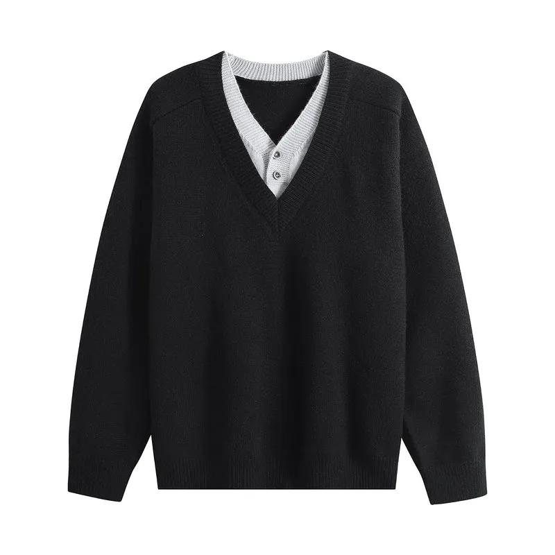 Unisex Oversize V‑Neck Strickpullover mit eingearbeiteter Henley-Optik Drune