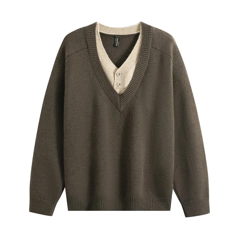 Unisex Oversize V‑Neck Strickpullover mit eingearbeiteter Henley-Optik Drune