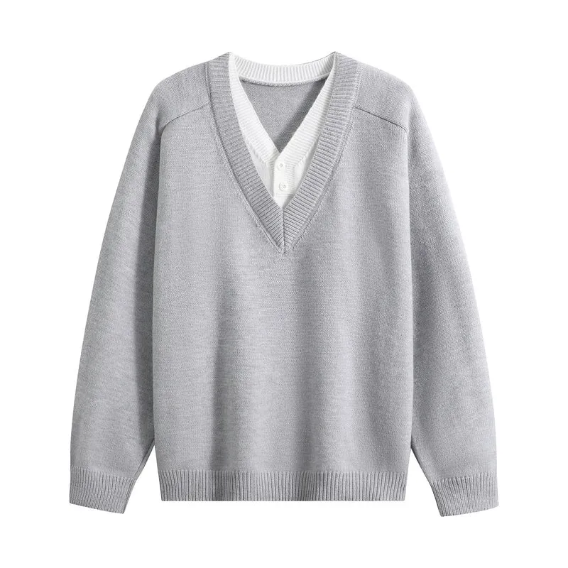 Unisex Oversize V‑Neck Strickpullover mit eingearbeiteter Henley-Optik Drune