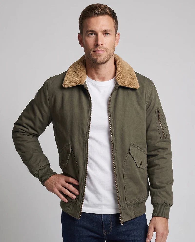 Herren bequeme Fleecejacke mit Kunstfellkragen Drune