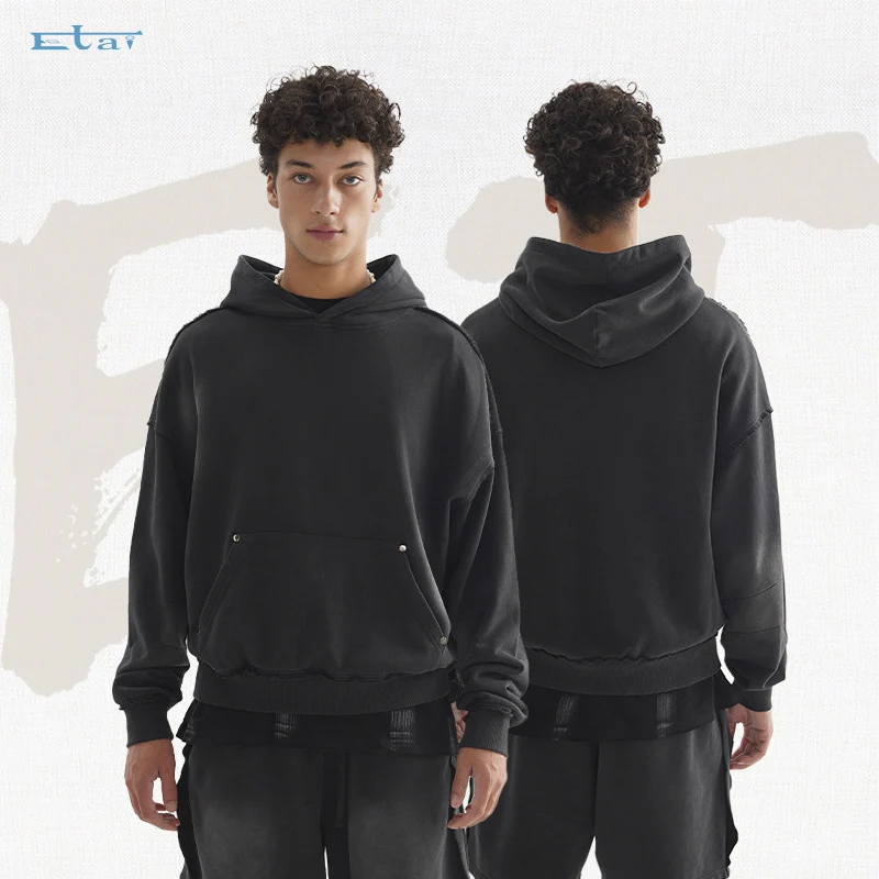 Unisex Oversized Kapuzenpullover mit ausgefranstem Saum, Kängurutasche und verwaschenem Bleicheffekt Drune