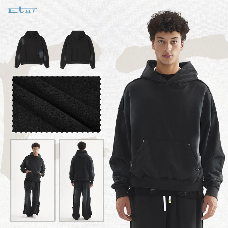 Unisex Oversized Kapuzenpullover mit ausgefranstem Saum, Kängurutasche und verwaschenem Bleicheffekt Drune