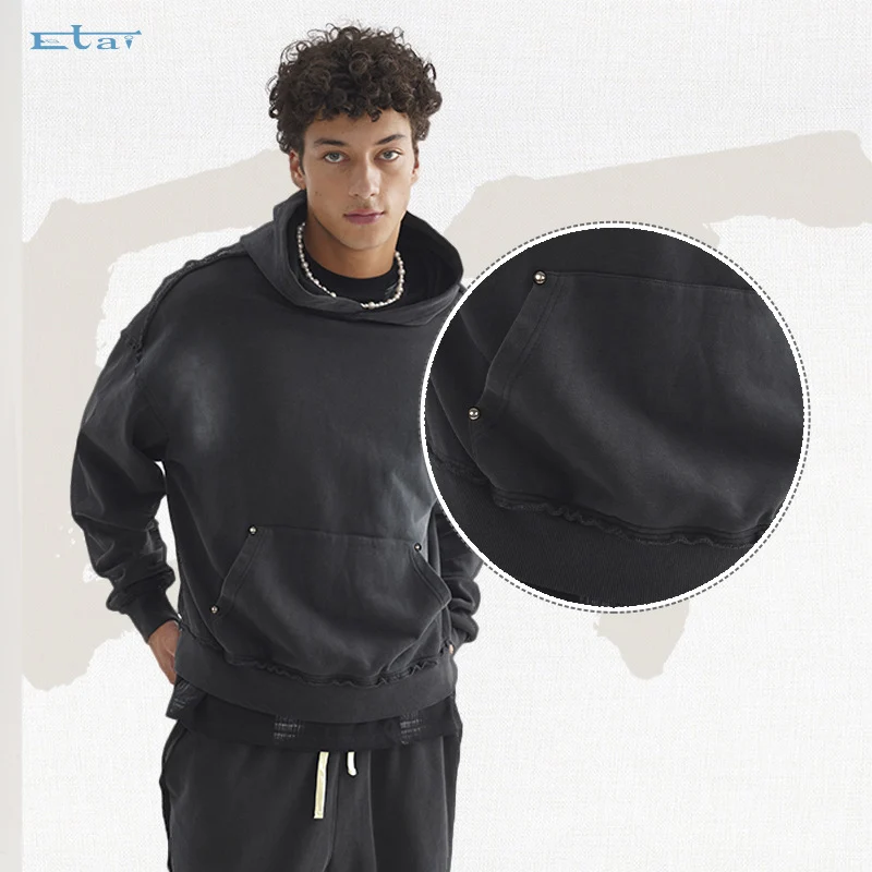 Unisex Oversized Kapuzenpullover mit ausgefranstem Saum, Kängurutasche und verwaschenem Bleicheffekt Drune