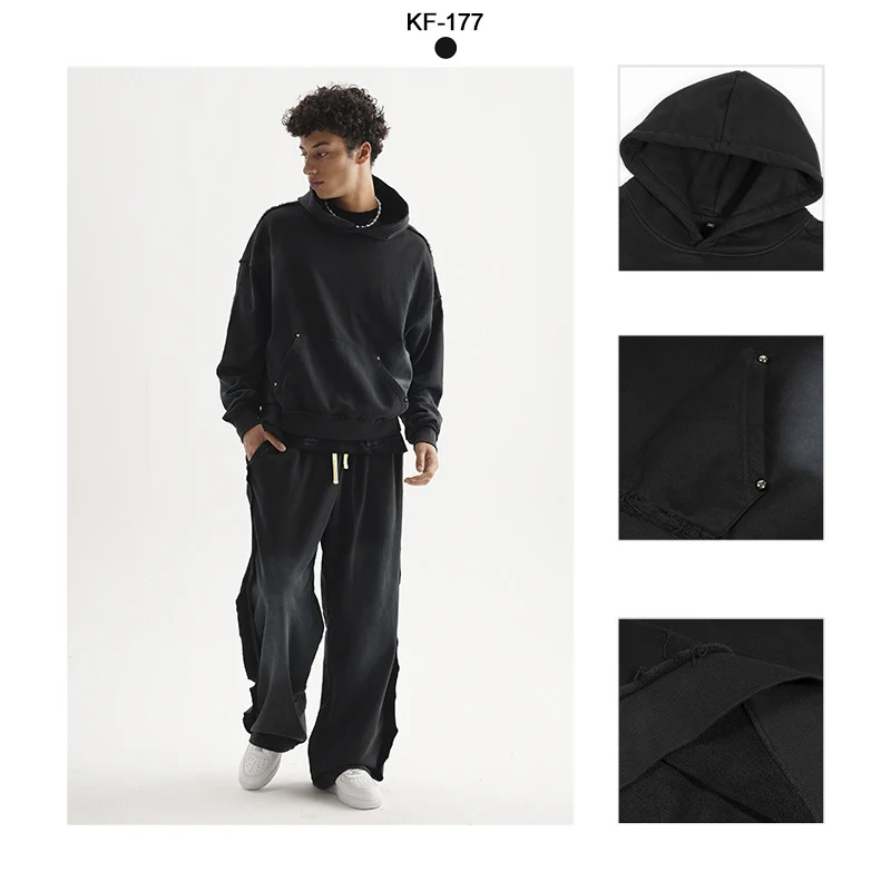Unisex Oversized Kapuzenpullover mit ausgefranstem Saum, Kängurutasche und verwaschenem Bleicheffekt Drune
